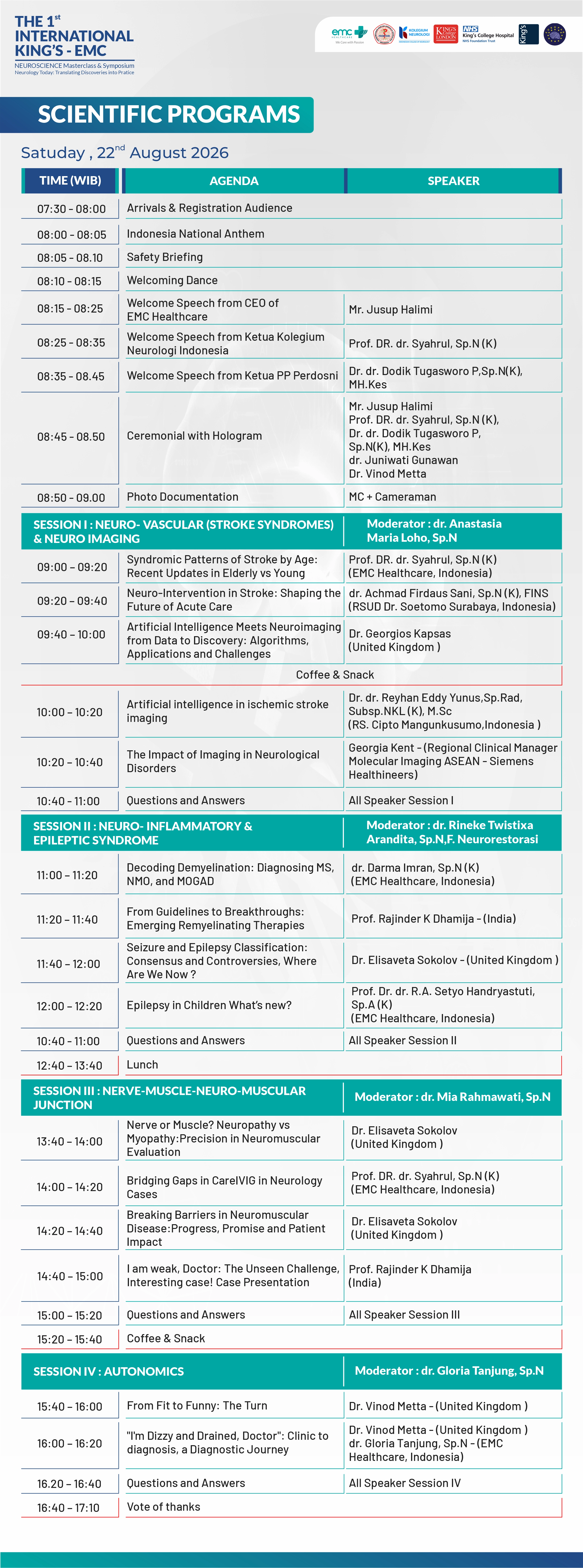 Event schedule — Saturday, 22 August 2026
